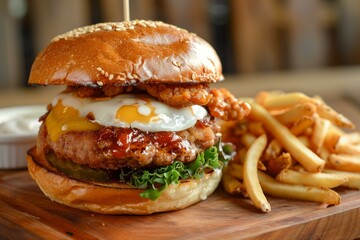Delicious burger with french fries, onion rings and fried egg on a wooden table