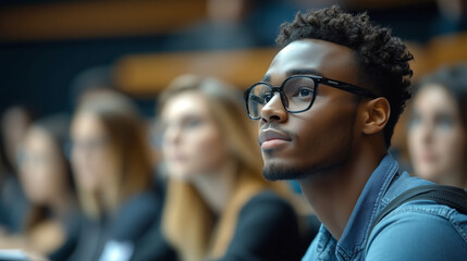 Obraz premium Black student in glasses sitting in the front row and listening to a lecture, with other students behind him in a university auditorium