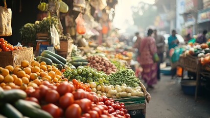 Obraz premium Shoppers and vendors engage warmly while colorful produce fills every stall at the market