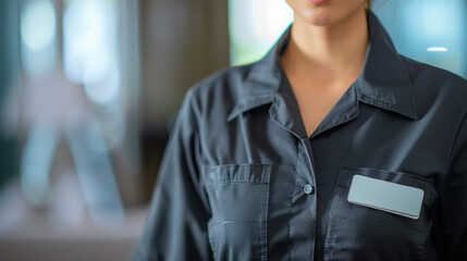 Close-up view of a housekeeping uniform and name tag worn by a staff member in a hotel during a busy service hour