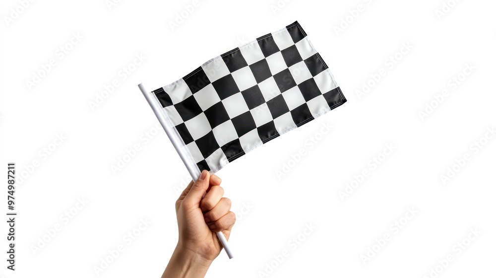 Wall mural flag in hand with black and white checkered pattern fluttering in the wind on a clean white backgrou