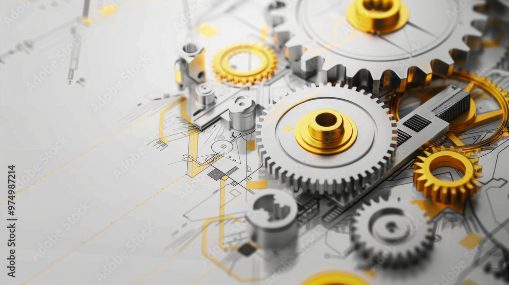 Poster intricate metallic gears and engineering schematics creating a backdrop for innovation and technolog