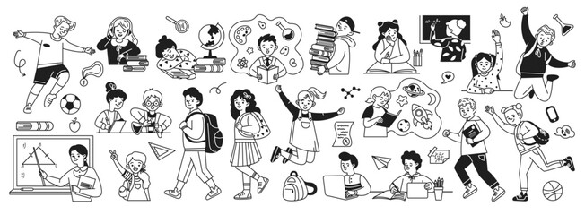 Happy students and teachers doodle line cartoon illustration set. Back to school with inspiration linear vector people collection
