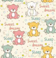 A playful pattern featuring cute bears and sleep-related phrases, ideal for children's decor or textiles.