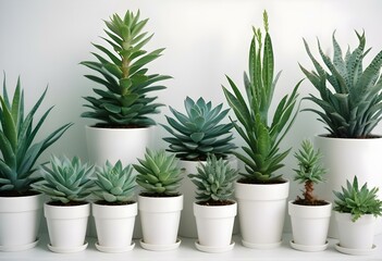 Various potted green plants and herbs, including a small tree, succulents, and leafy plants, all in white pots against a white background
