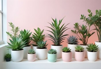Various potted green plants and herbs, including a small tree, succulents, and leafy plants, all in white pots against a white background