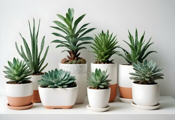 Various potted green plants and herbs, including a small tree, succulents, and leafy plants, all in white pots against a white background