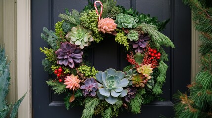Succulent and Evergreen Christmas Wreath on a Door
