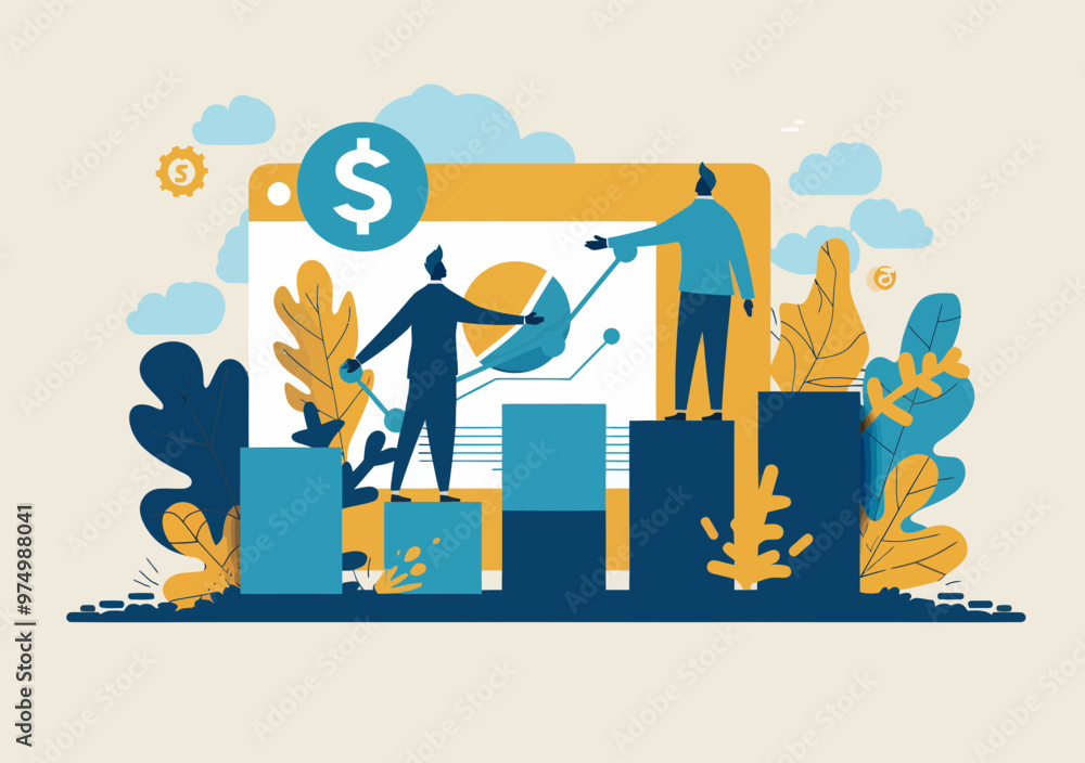 Poster collaborative business growth concept - vector illustration of teamwork and deal-making with chart a