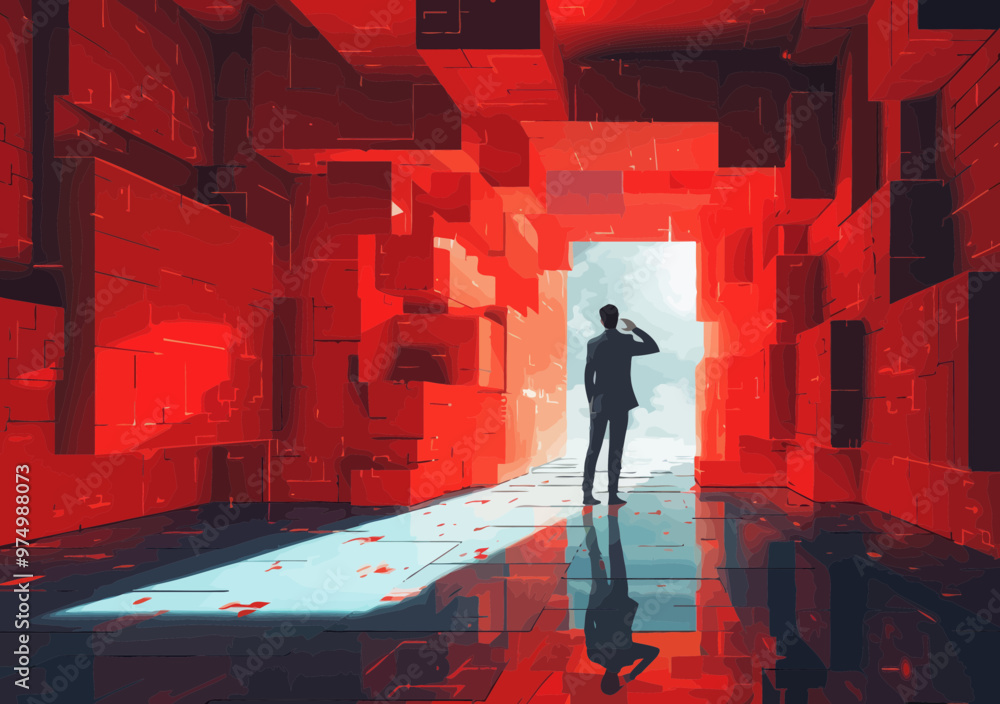 Poster businessman contemplates complex problem in abstract red labyrinth, symbolizing challenge and soluti