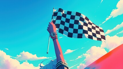 Flag in hand with black and white checkered pattern fluttering in the wind on a clean white background, racing and competition concept
