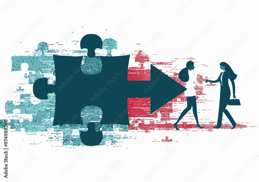 Poster business team completing puzzle to create forward arrow symbolizing progress and partnership in mini