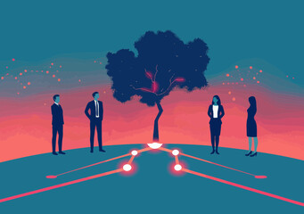 Obraz premium Business Recruitment Strategy Concept Illustration with Group of Professionals Standing on Logic Tree Pathway at Sunset