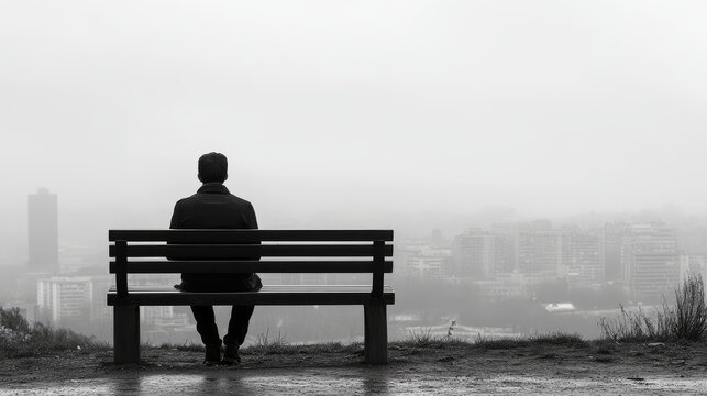 A person sits alone on a bench lost in thought amidst a foggy urban landscape