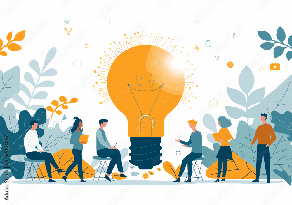 Poster team brainstorming session with light bulb symbolizing new ideas and problem solving, collaborative 