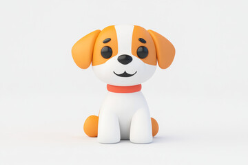 A small and endearing orange and white puppy figure sitting upright, smiling happily, with a red collar on a white backdrop.