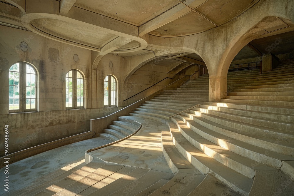 Poster sunlight shining through arched windows of an empty concrete building with a curved staircase