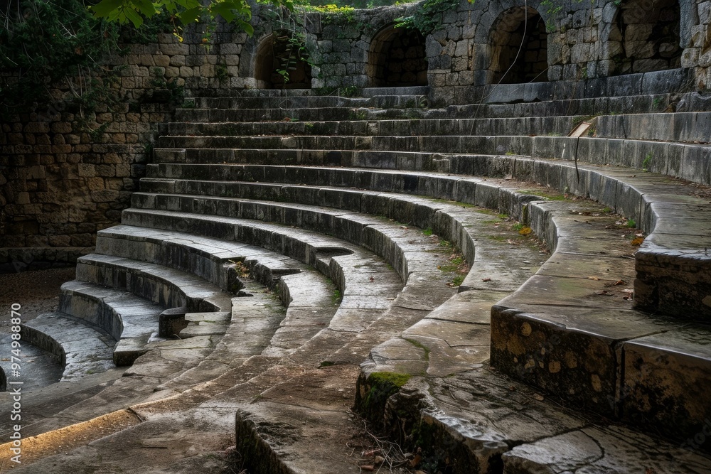 Poster sunlight illuminating the ancient stone steps of an amphitheater, showcasing their circular pattern 