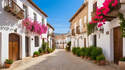 quaint little street in the old center of a Spanish city. A little, charming hamlet in Spain with typical traditional whitewashed houses, blossoming flowers, and a cobblestone street
