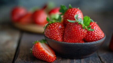 Fresh strawberries with mint leaves in a glass bowl, top-down view, bright and natural lighting, vibrant red and green colors, minimalistic composition, summertime freshness, placed on a white wooden 