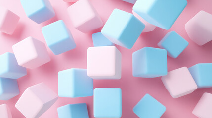 Various pastel blue and pink soft cubes imitating abstract floating geometric forms, evoking a sense of tranquility and delicacy.