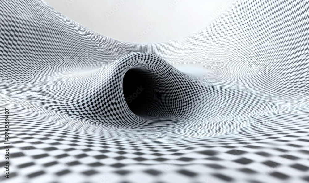 Poster an abstract black-and-white geometric wave pattern creating a tunnel-like effect, playing with conce