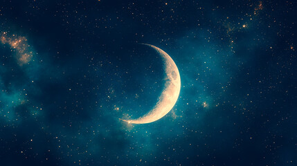 A tranquil image of a crescent moon set against a starry night sky, evoking a sense of peace and wonder at the night's beauty. © sergign