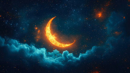 Fototapeta premium An eye-catching image of a fiery orange crescent moon against a vibrant starry night sky, creating a dramatic and intense visual effect.