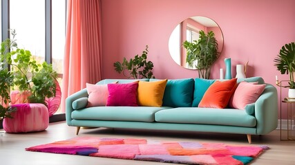 colorful room featuring a sofa. Cozy living area with plush sofa and pillows. Image, stock image, life stock, blog, opulent residence
