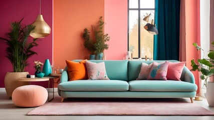 colorful room featuring a sofa. Cozy living area with plush sofa and pillows. Image, stock image, life stock, blog, opulent residence

