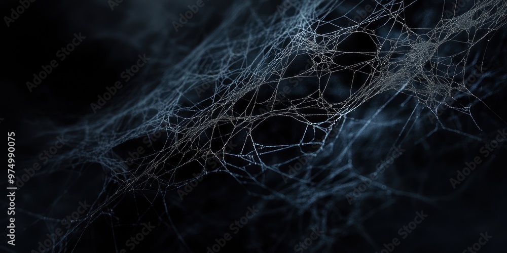 Wall mural A close-up of a spider web with intricate details and a dark, moody background.