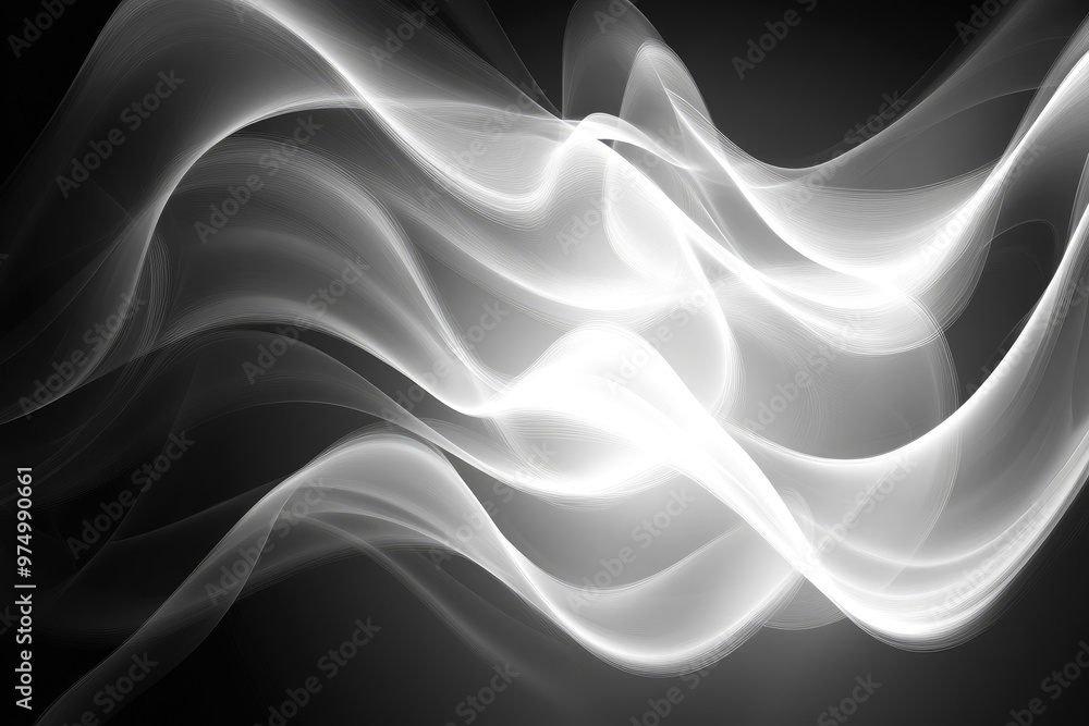 Poster swirling abstract white waves contrast beautifully against a dark background, creating a dynamic and