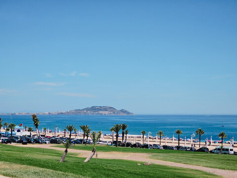 Fnideq, Morocco - August 21, 2024 : high angle view of Riffiine beach in a summer day