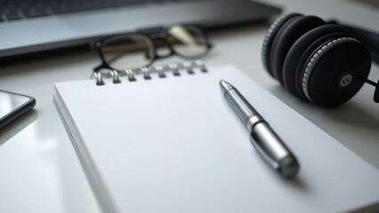 pen, notepad, computer, headphones on a light background, photography, free space