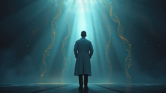 a man in a white coat stands in the center of the room, numbers and DNA chains fly around him