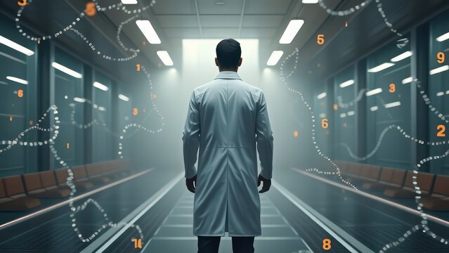 a man in a white coat stands in the center of the room, numbers and DNA chains fly around him