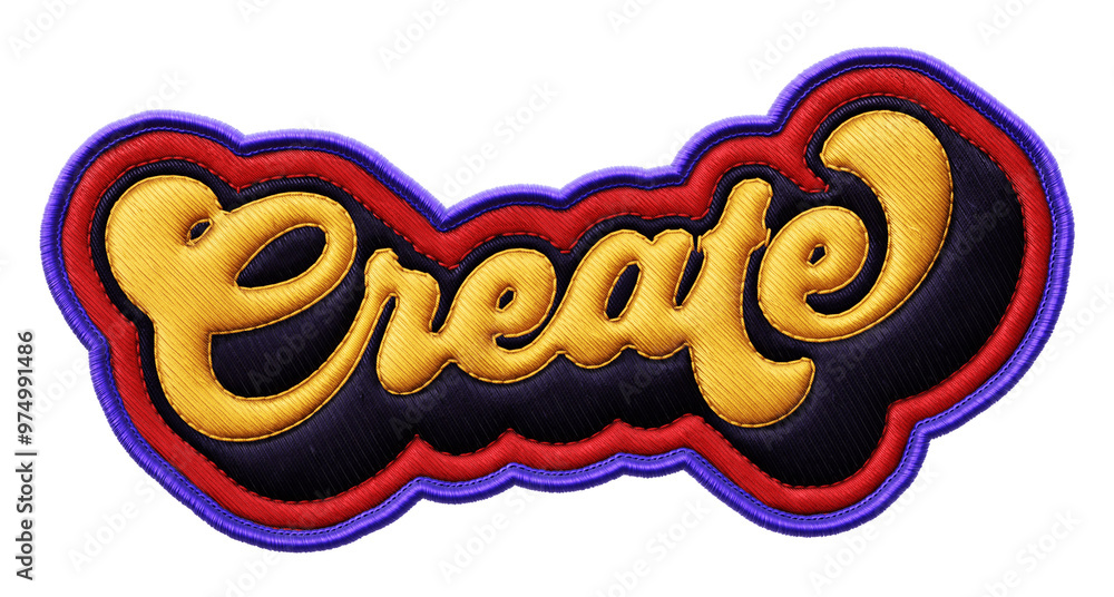 Poster word ‘create’ written in retro script font with puff embroidery patch effect isolated on transparent
