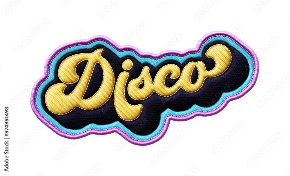 Fototapete word ‘disco’ written in retro script font with puff embroidery patch effect isolated on transparent 