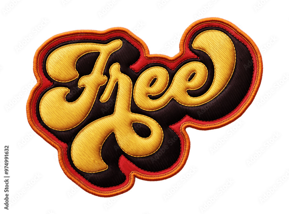 Poster word ‘free’ written in retro script font with puff embroidery patch effect isolated on transparent b