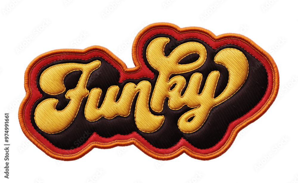 Poster word ‘funky’ written in retro script font with puff embroidery patch effect isolated on transparent 
