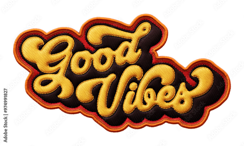 Fototapete words ‘good vibes’ written in retro script font with puff embroidery patch effect isolated on transp