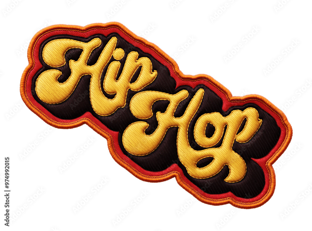 Poster word ‘hip hop’ written in retro script font with puff embroidery patch effect isolated on transparen