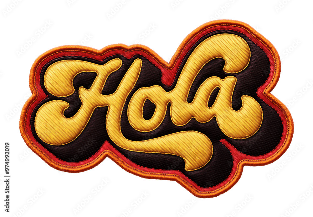 Poster spanish word ‘hola’ written in retro script font with puff embroidery patch effect isolated on trans