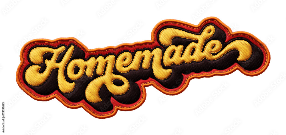 Poster word ‘homemade’ written in retro script font with puff embroidery patch effect isolated on transpare