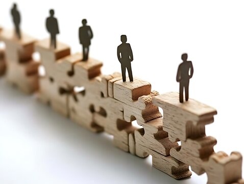 Teamwork and Collaboration Concept,  Businesspeople standing on connected puzzle pieces