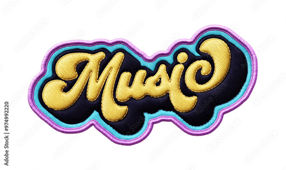 Poster word ‘music’ written in retro script font with puff embroidery patch effect isolated on transparent 
