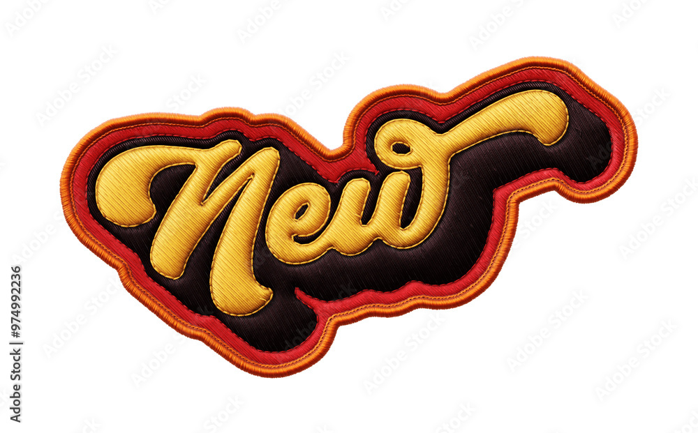 Poster word ‘new’ written in retro script font with puff embroidery patch effect isolated on transparent ba