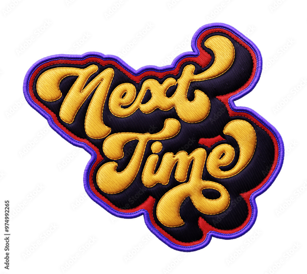 Poster words ‘next time’ written in retro script font with puff embroidery patch effect isolated on transpa
