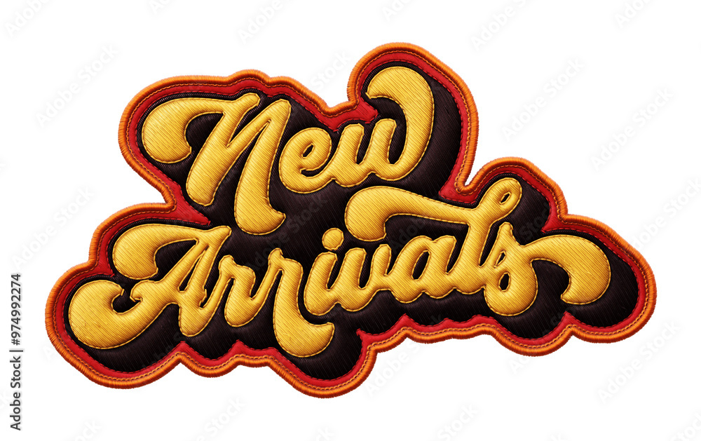 Poster words ‘new arrivals’ written in retro script font with puff embroidery patch effect isolated on tran