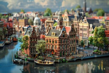 Naklejka premium Miniature dutch city with canals, bridges, and traditional houses is bathed in sunlight